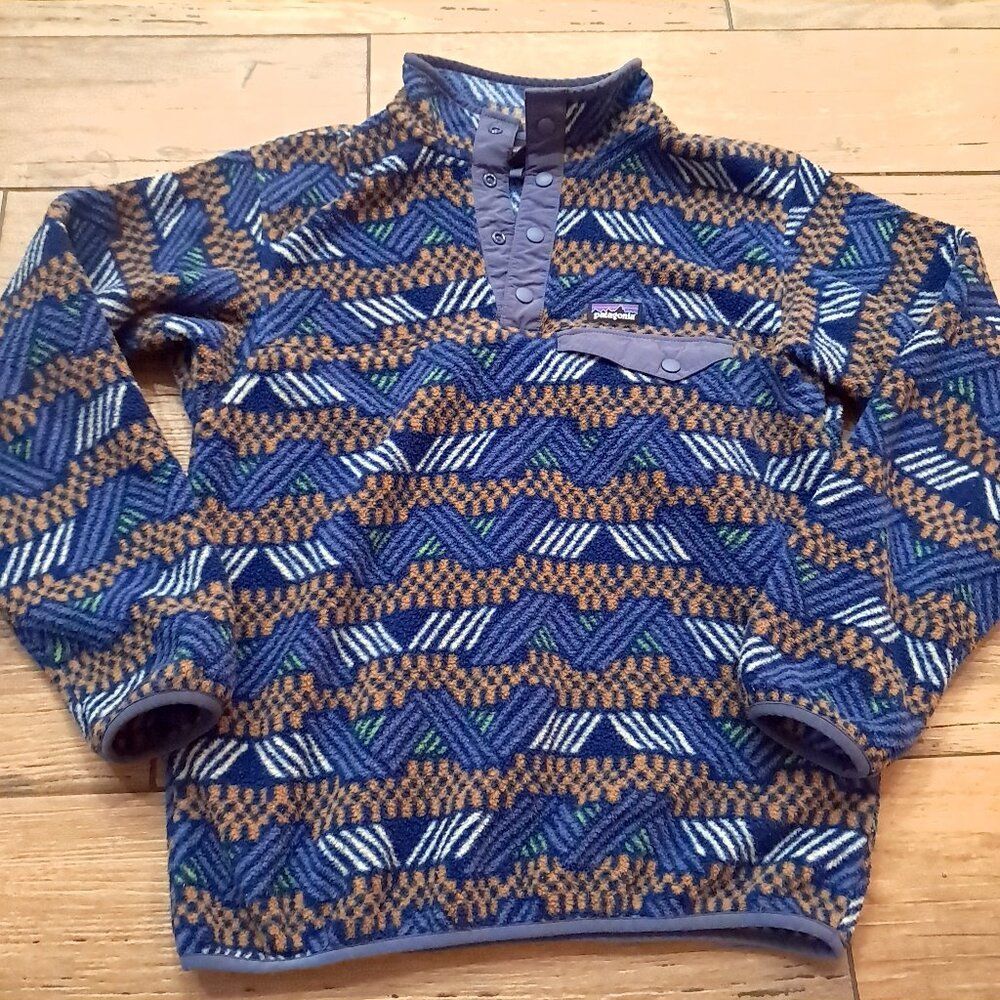 Patagonia kids Synchilla Cliffside sz XL 14 Navy Aztec Geometric Snap-T Pullover